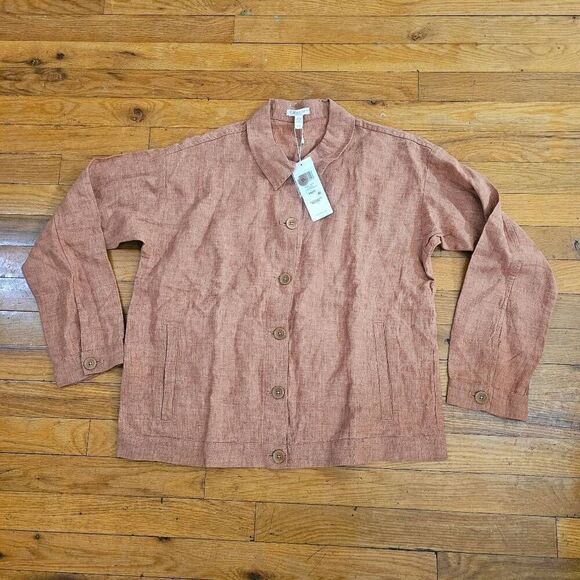 Eileen Fisher Organic Linen Delave Classic Collar Jacket Cinnamon Petite - Picture 4 of 10